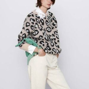 Zara Mohair blend oversized leopard print crew neck sweater oversized  L
